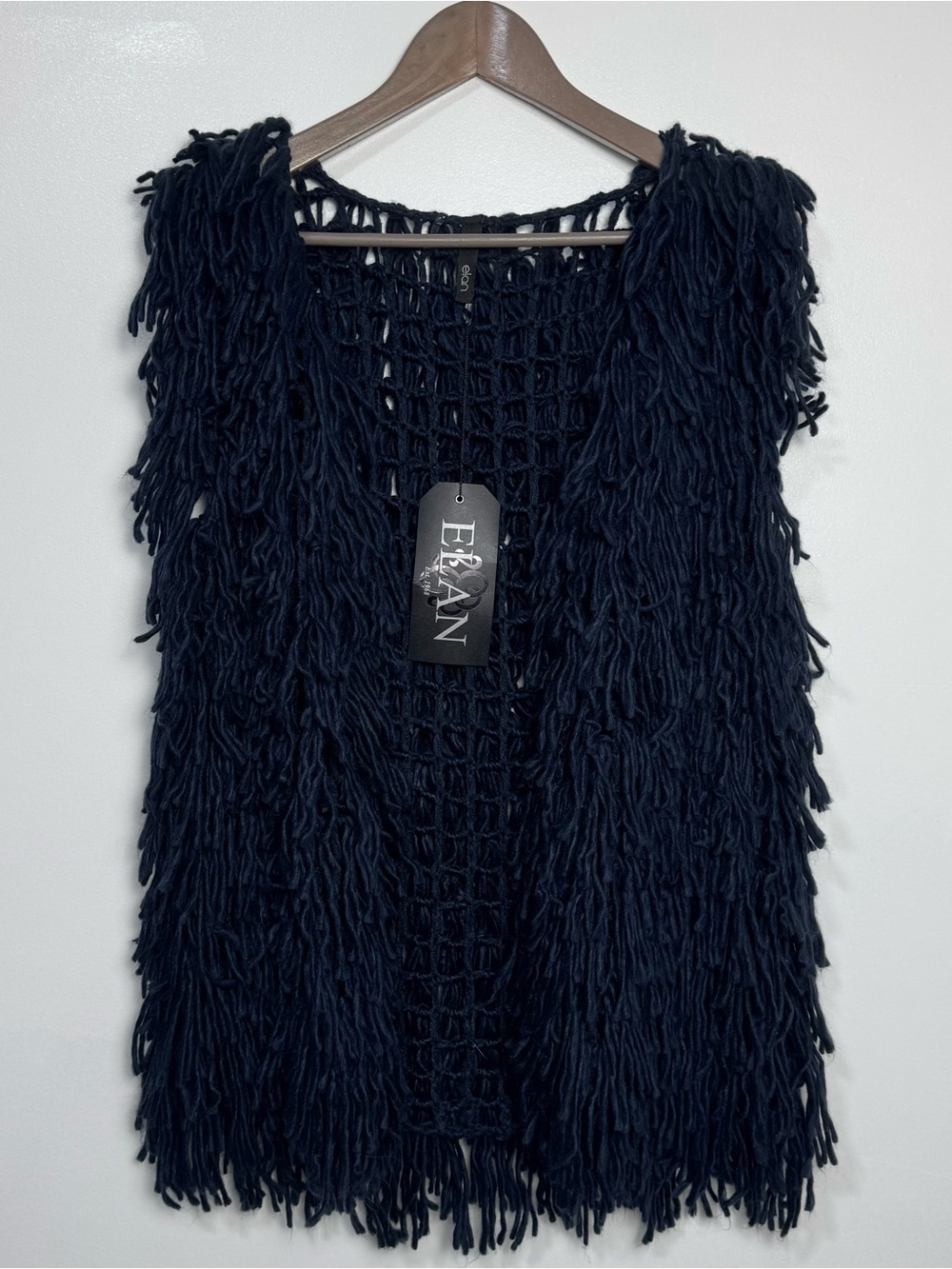 NWT Elan Open Knit Shaggy Crochet Fringe Boho Hippie Vest in Dark Navy Blue